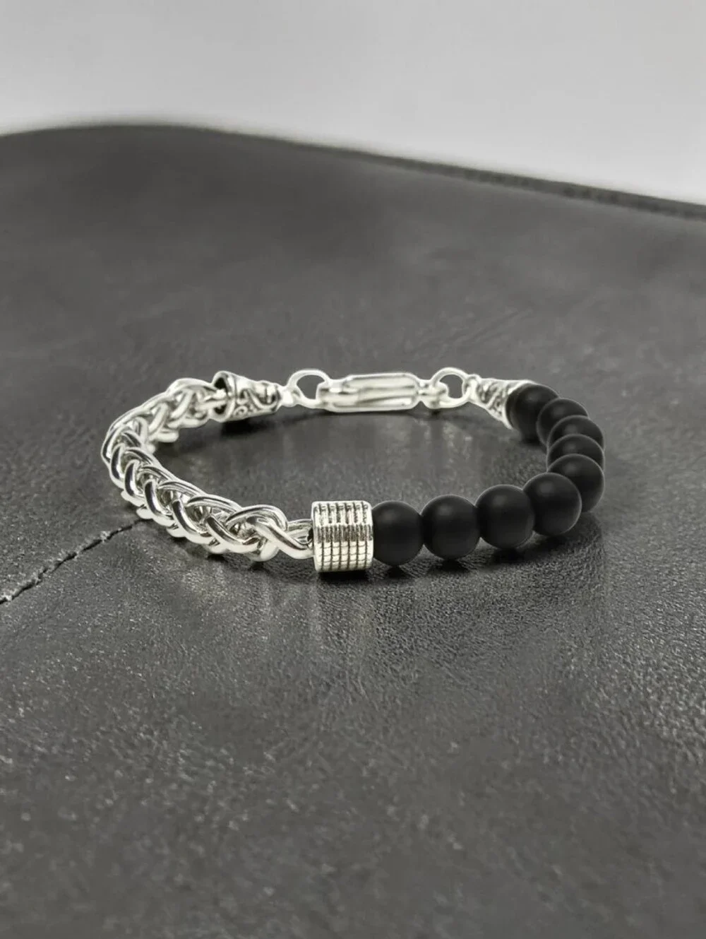 Matte Black or Tiger Eye Stone  & Silver Chain Bracelet